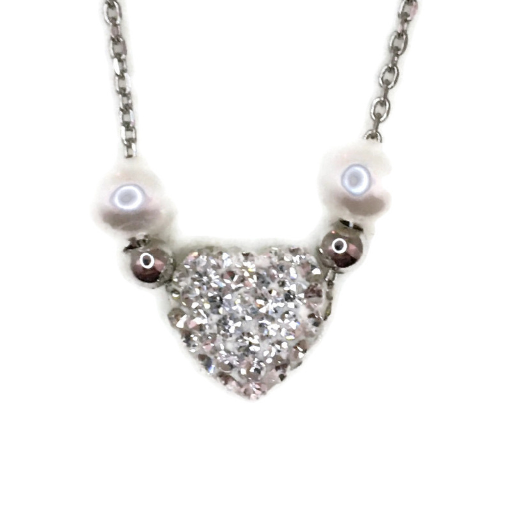White Gold Layer Silver Pendant Heart & Cz Pearl
